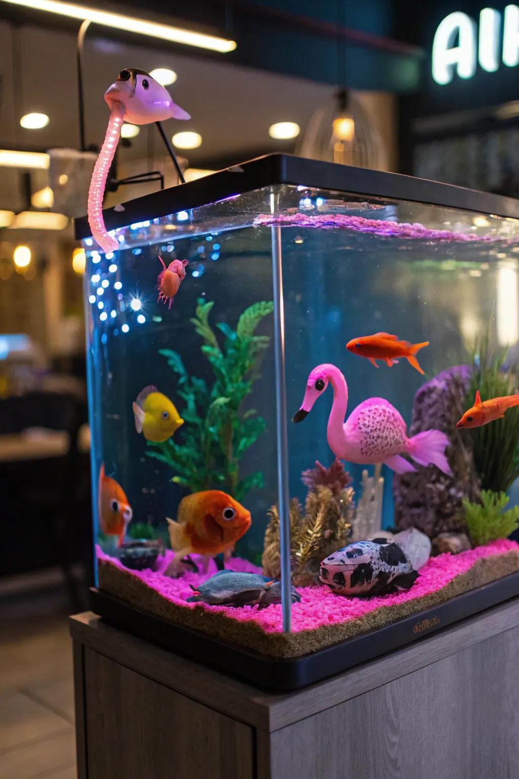 Fluorescent novelties craft a whimsical and unique water feature setup.