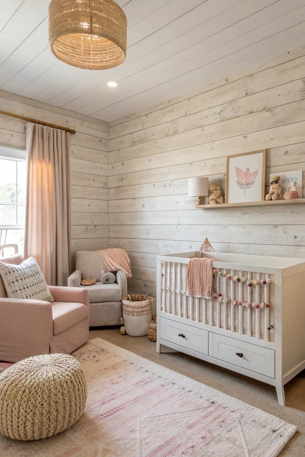 A nursery featuring layered wall detailing.