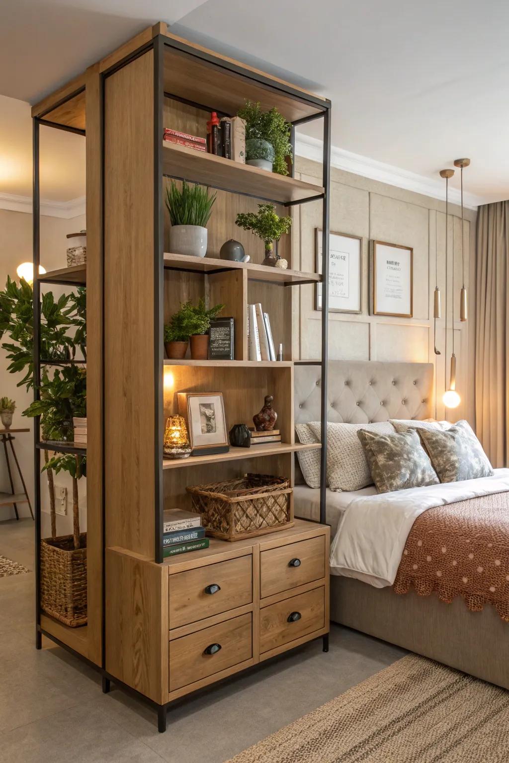 Room dividers can serve as stylish storage.