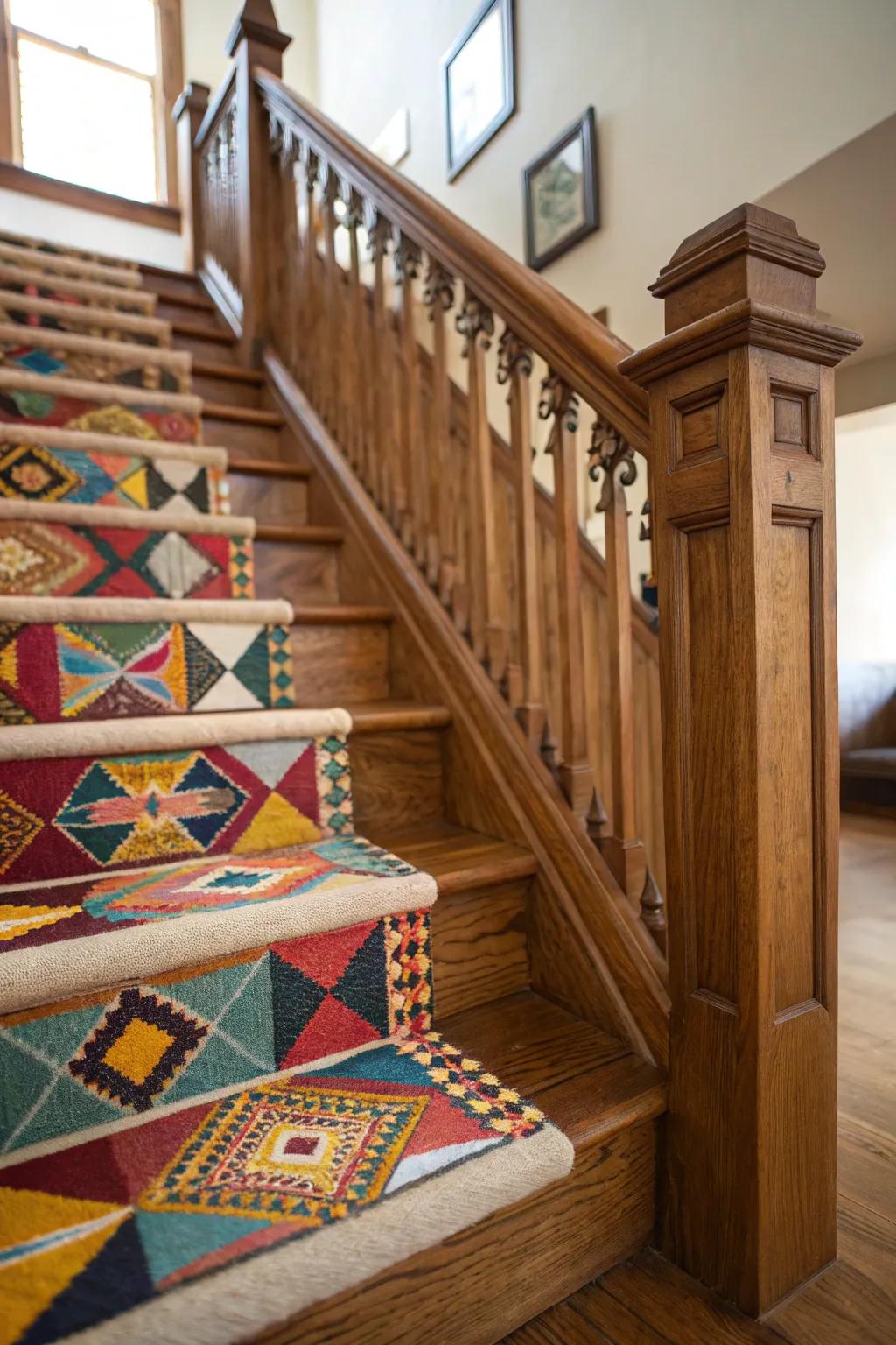 A vibrant stair runner adding warmth and style to an oak staircase.