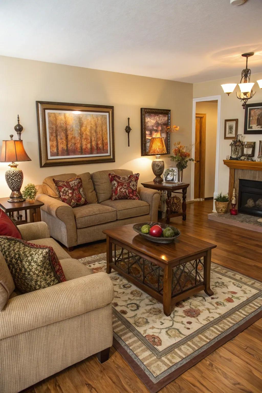 Artistic decor brings personality to an oak-floored room.