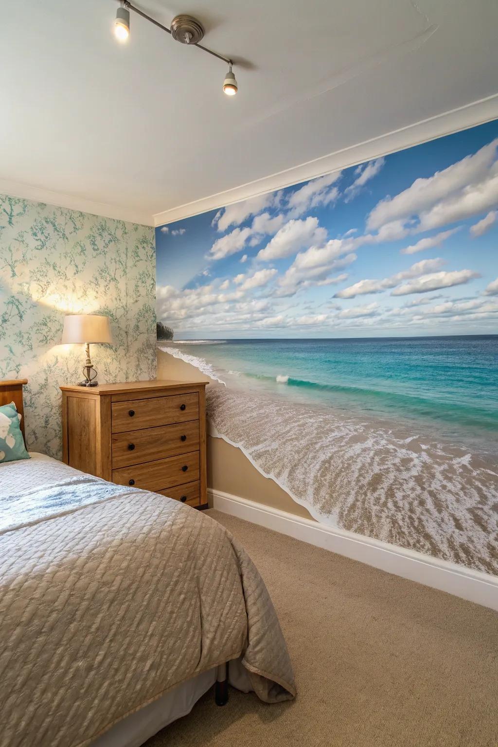 A beach mural can transform your wall into a window that looks out onto the ocean.