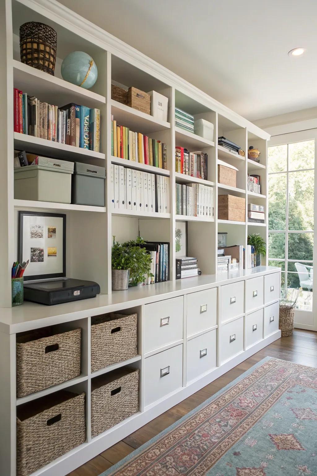 Expansive shelving for ideal office organization.
