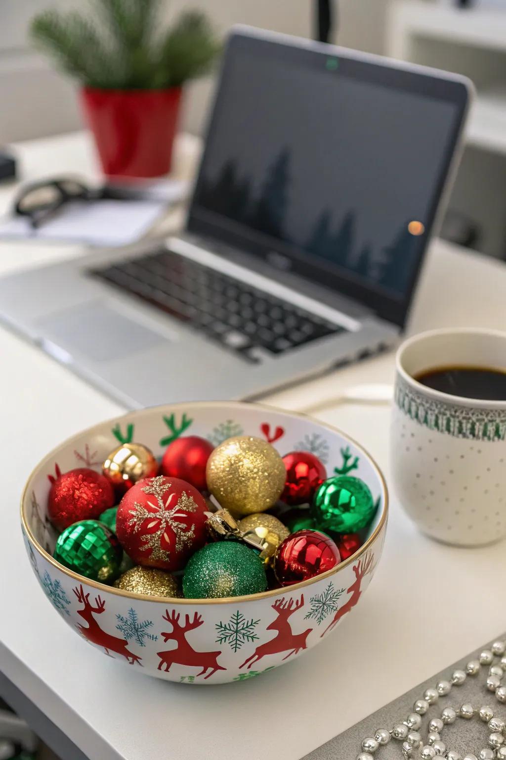 A bowl of baubles serves as a striking festive centerpiece.