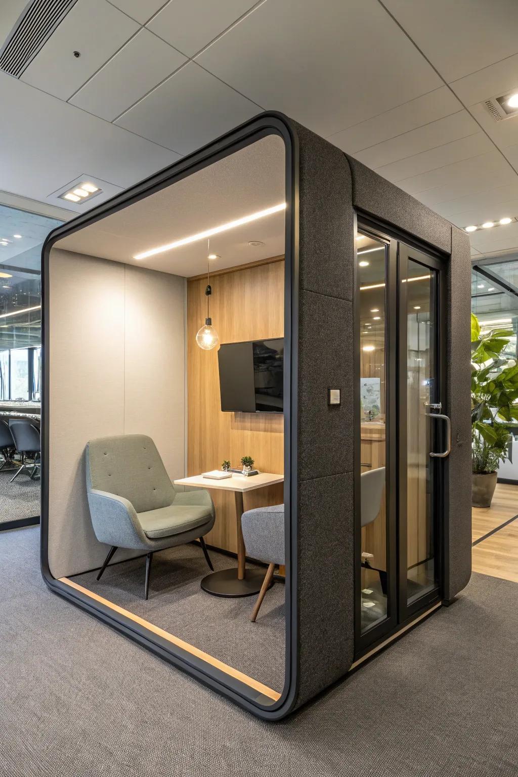 A secluded pod offers solitude within a busy office.