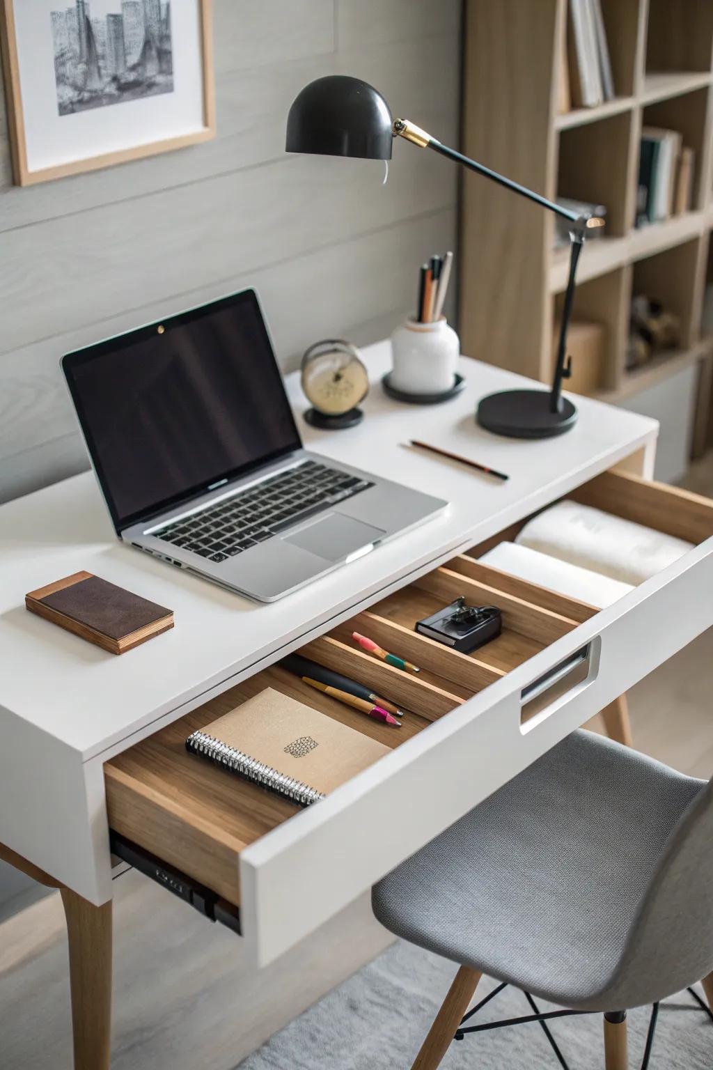 Hidden storage supports a minimalist and organized office aesthetic.