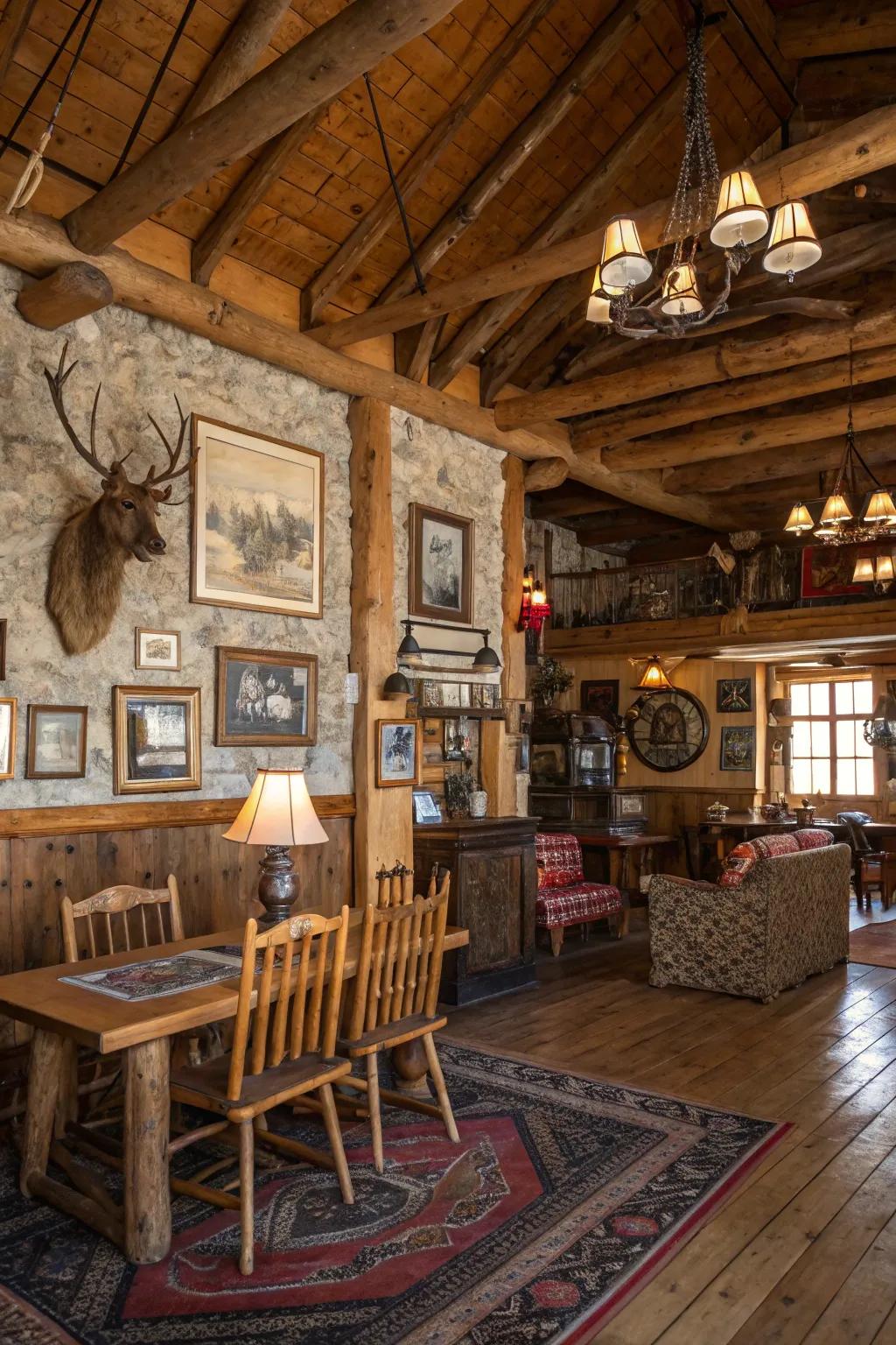 Charming antique and vintage decor pieces fill the rustic lodge interior.