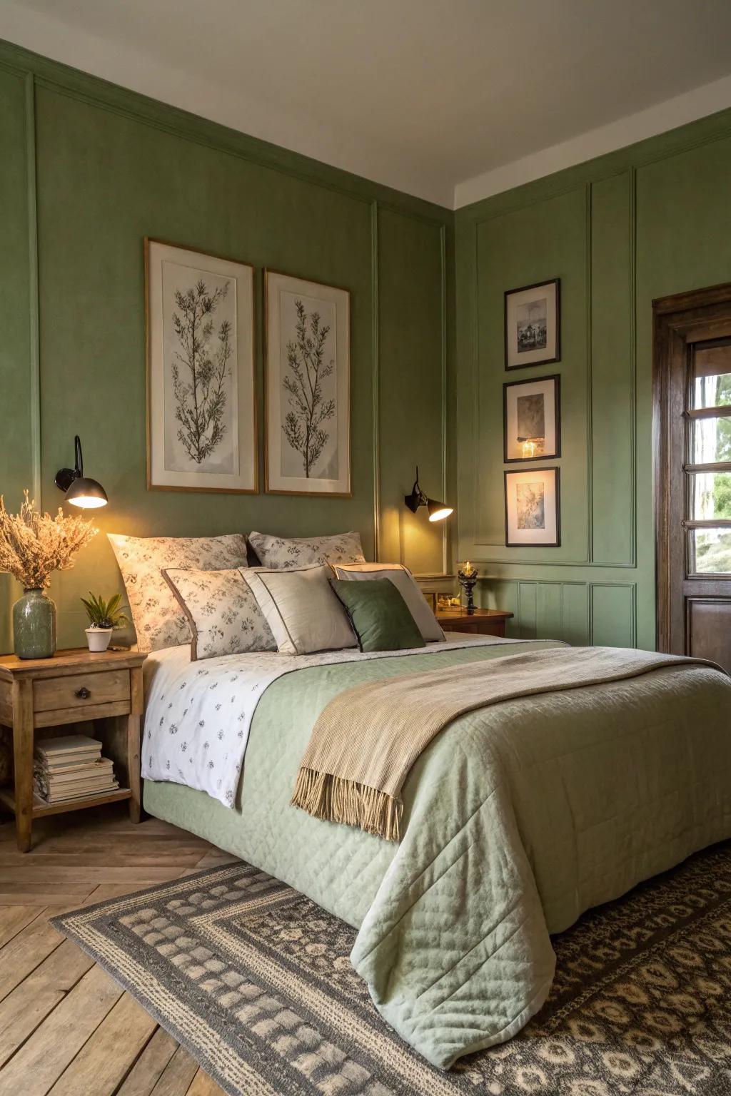 A serene bedroom escape with calming forest green walls.