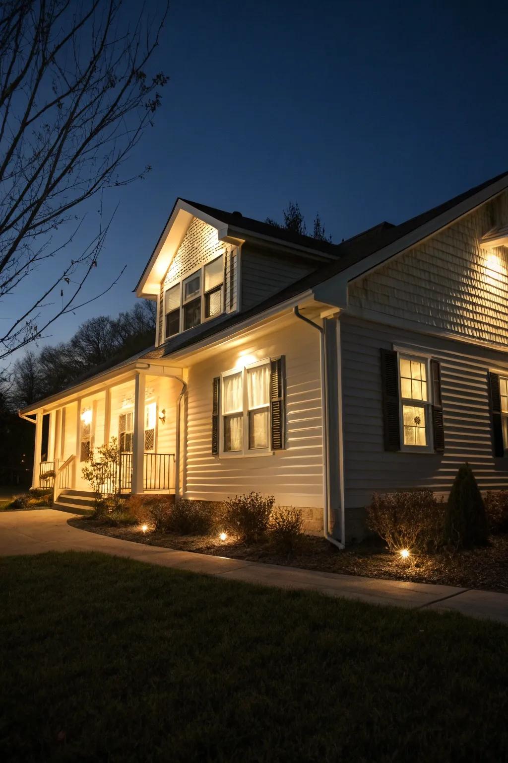 Exterior lighting adds drama and beautifully accentuates the siding.