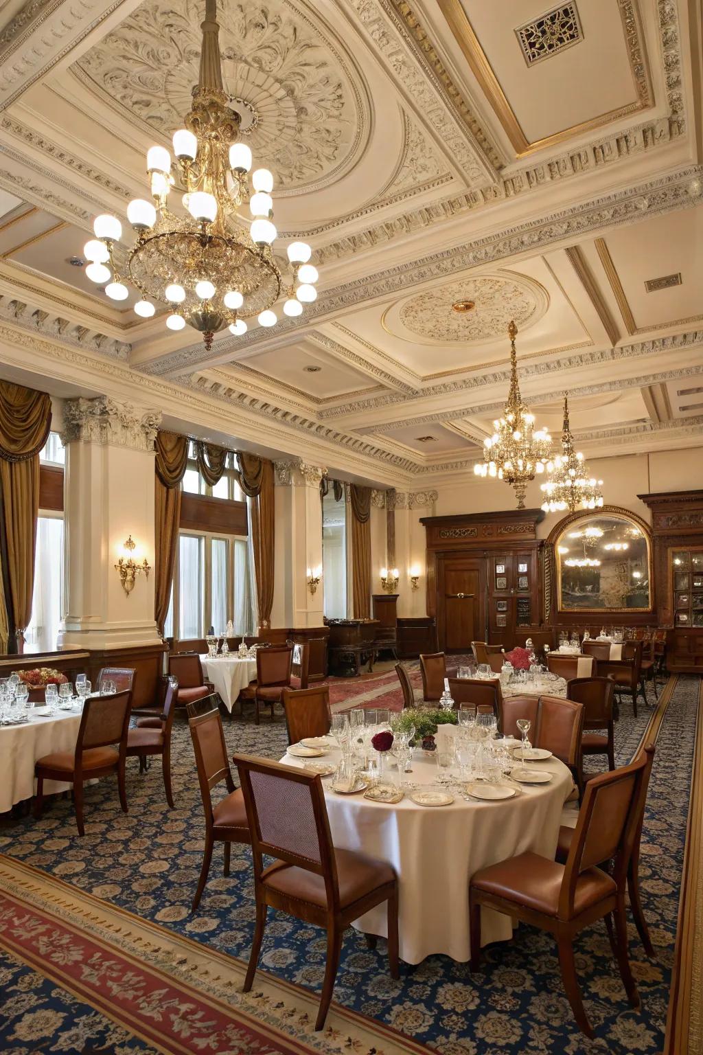An elegant dining area is made more sophisticated by the addition of coffered ceilings.