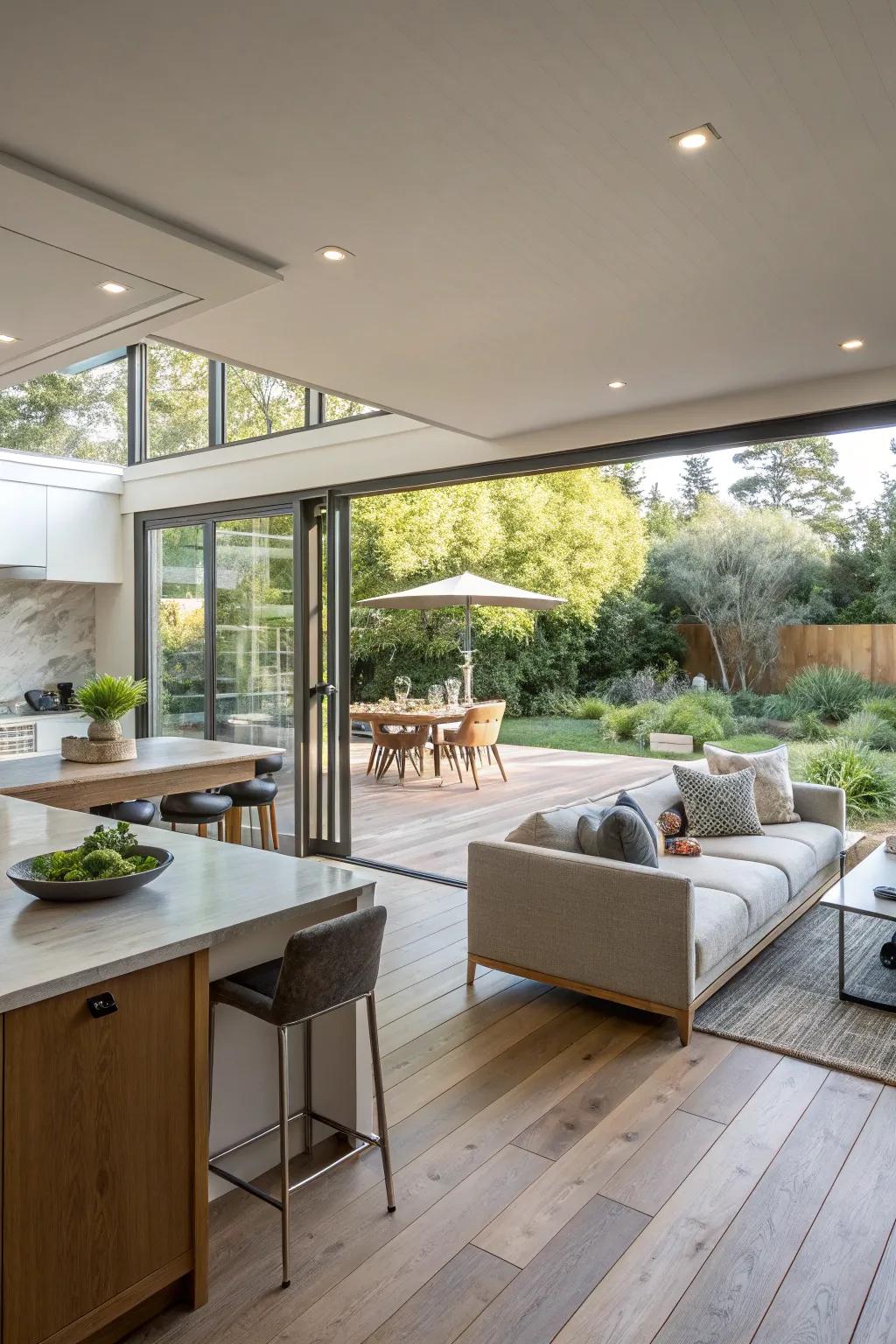 Smooth transition from indoor to outdoor living in an open-concept plan.