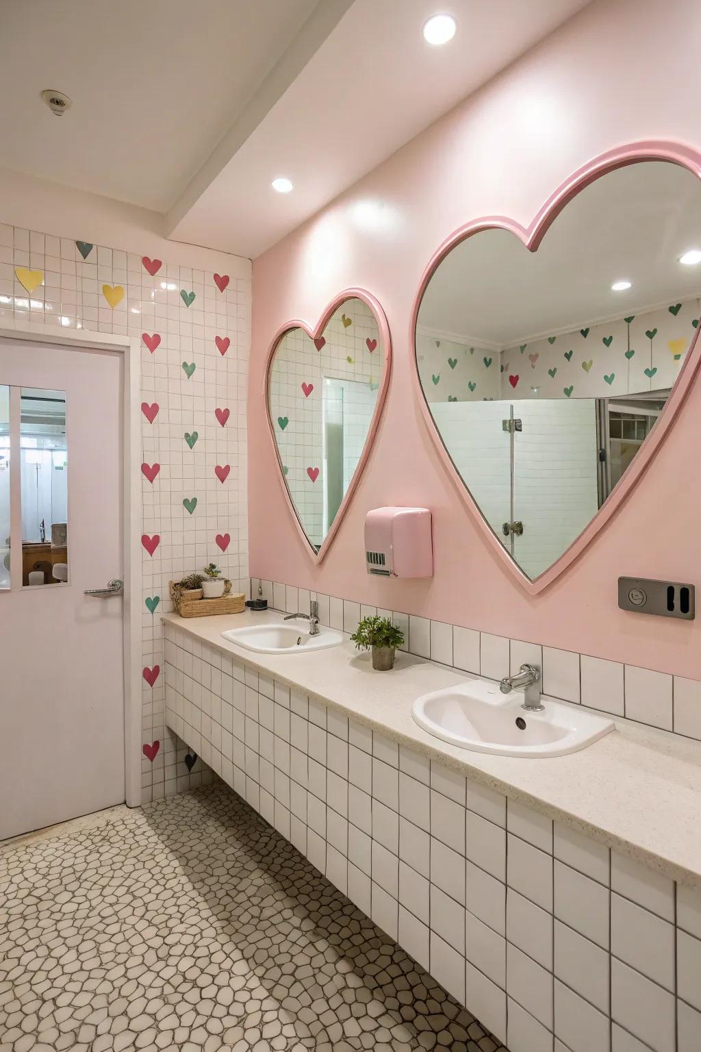 Heart-shaped mirrors enhance light and create a spacious feel.