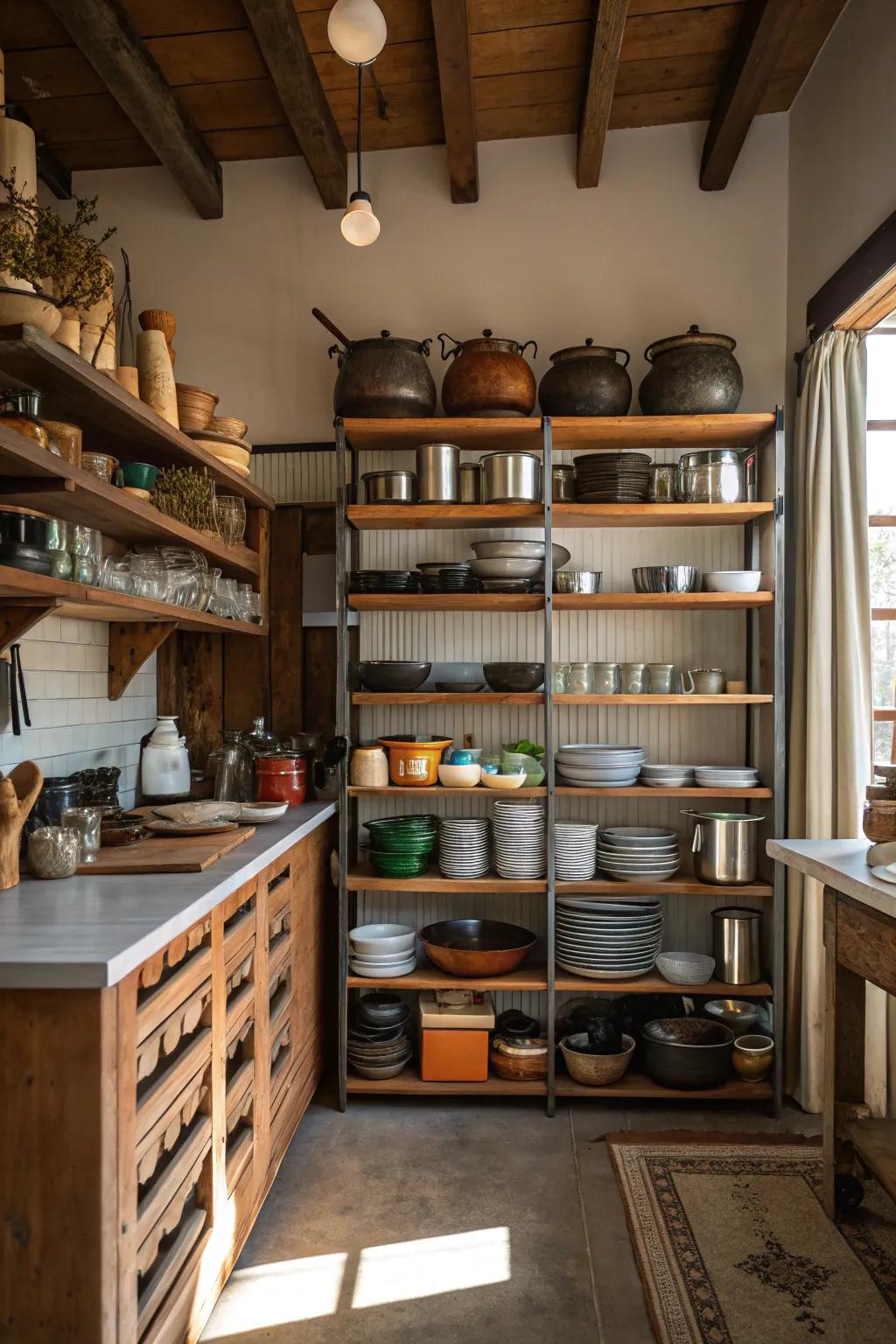 Exposed shelving for easy access and display of kitchenware.