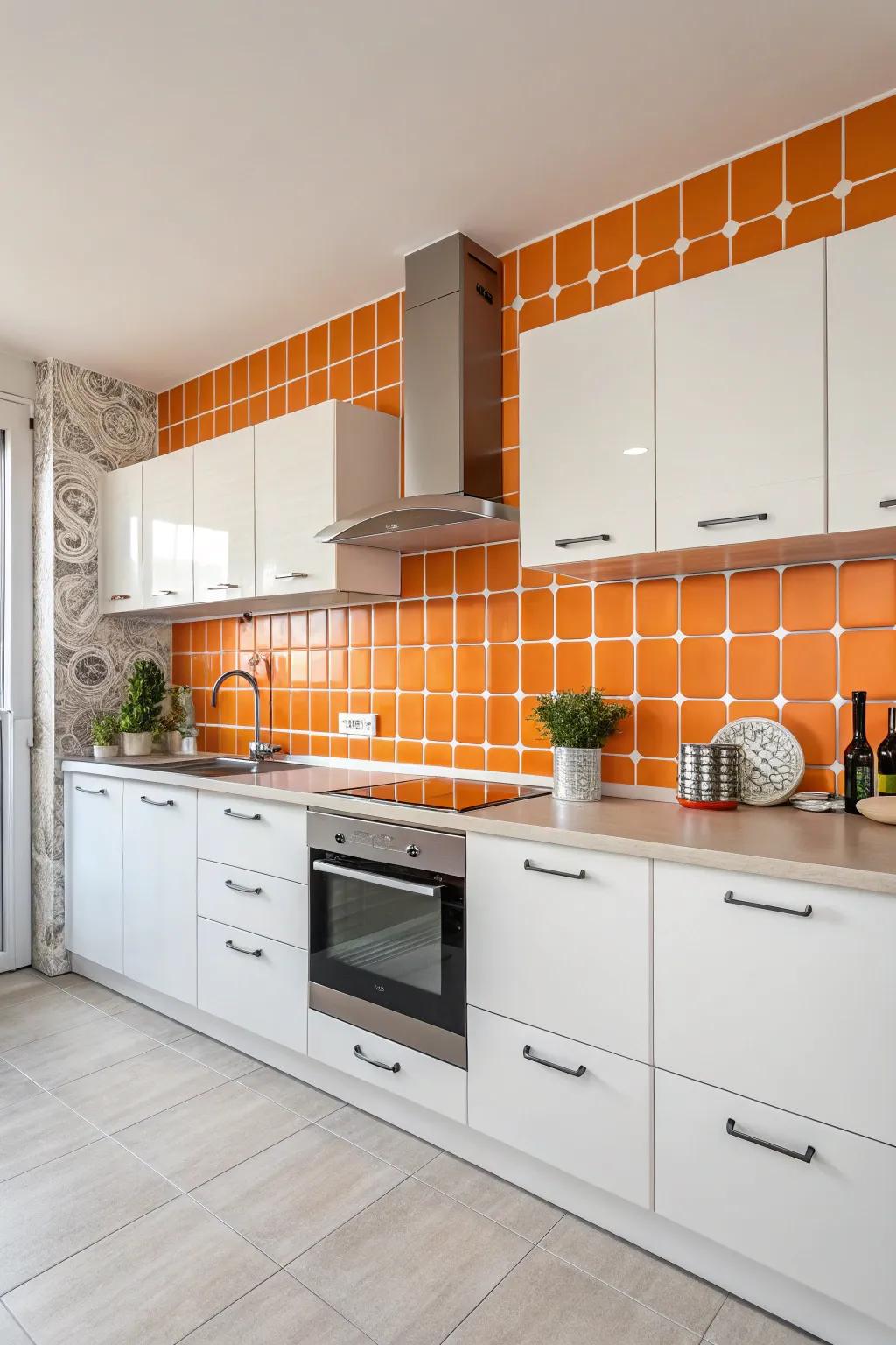 A playful tangerine and ivory backsplash adds flair to a modern kitchen.