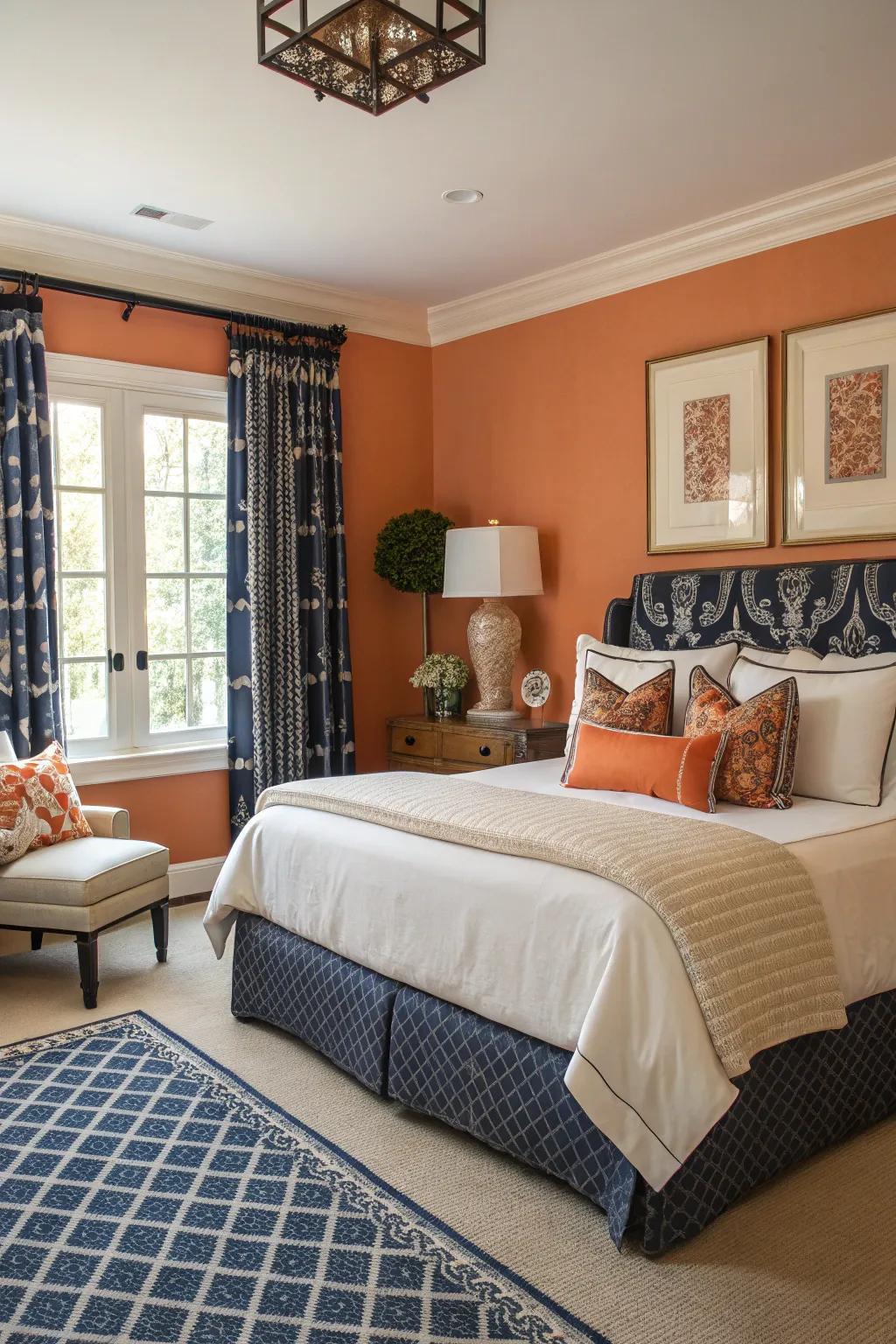 Orange and navy create a striking and stylish aesthetic.