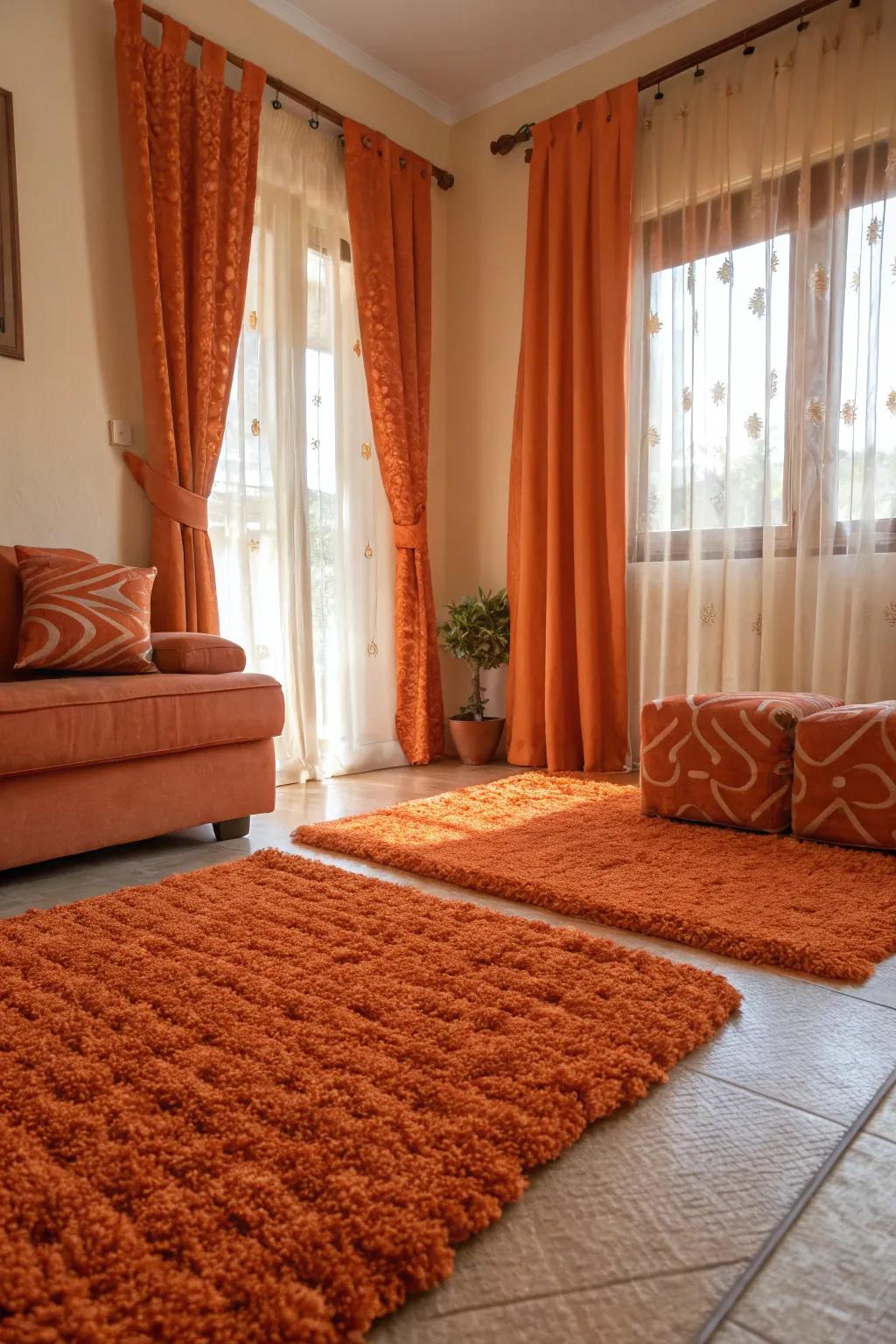 Textured orange elements contribute dimension and richness to the living space.