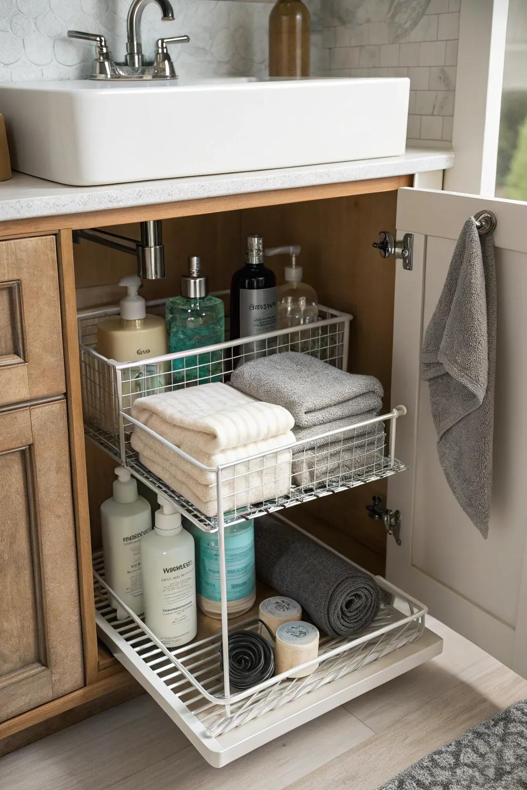Wire shelves provide adjustable, breathable storage solutions.