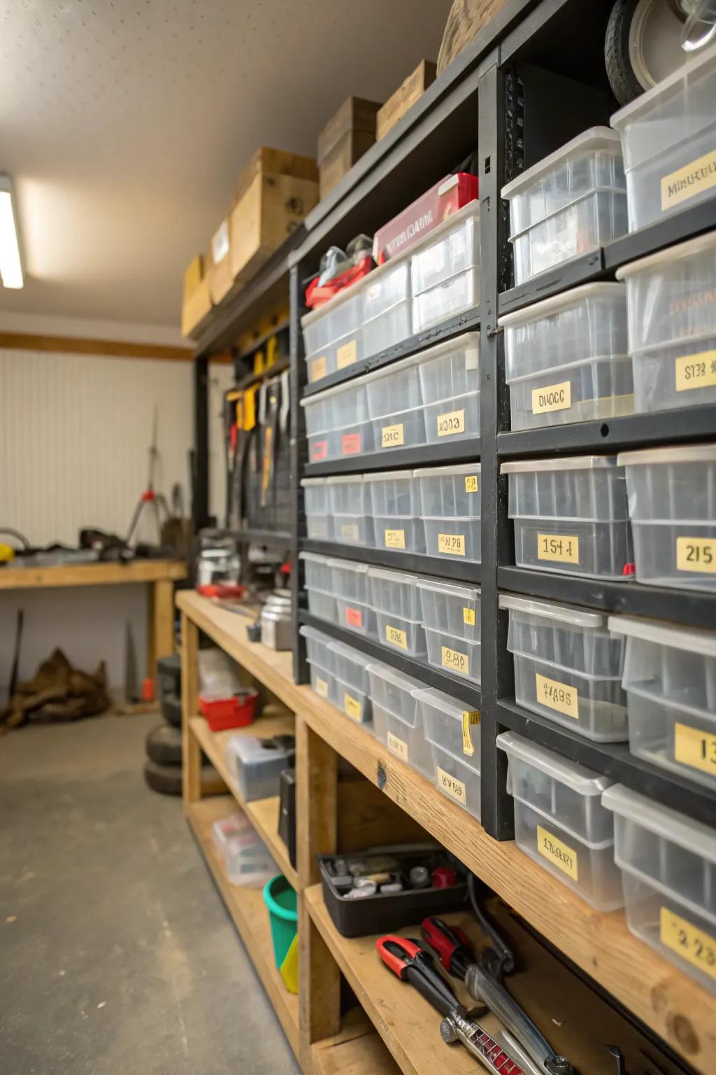 Clear containers and labels enhance garage shelf management