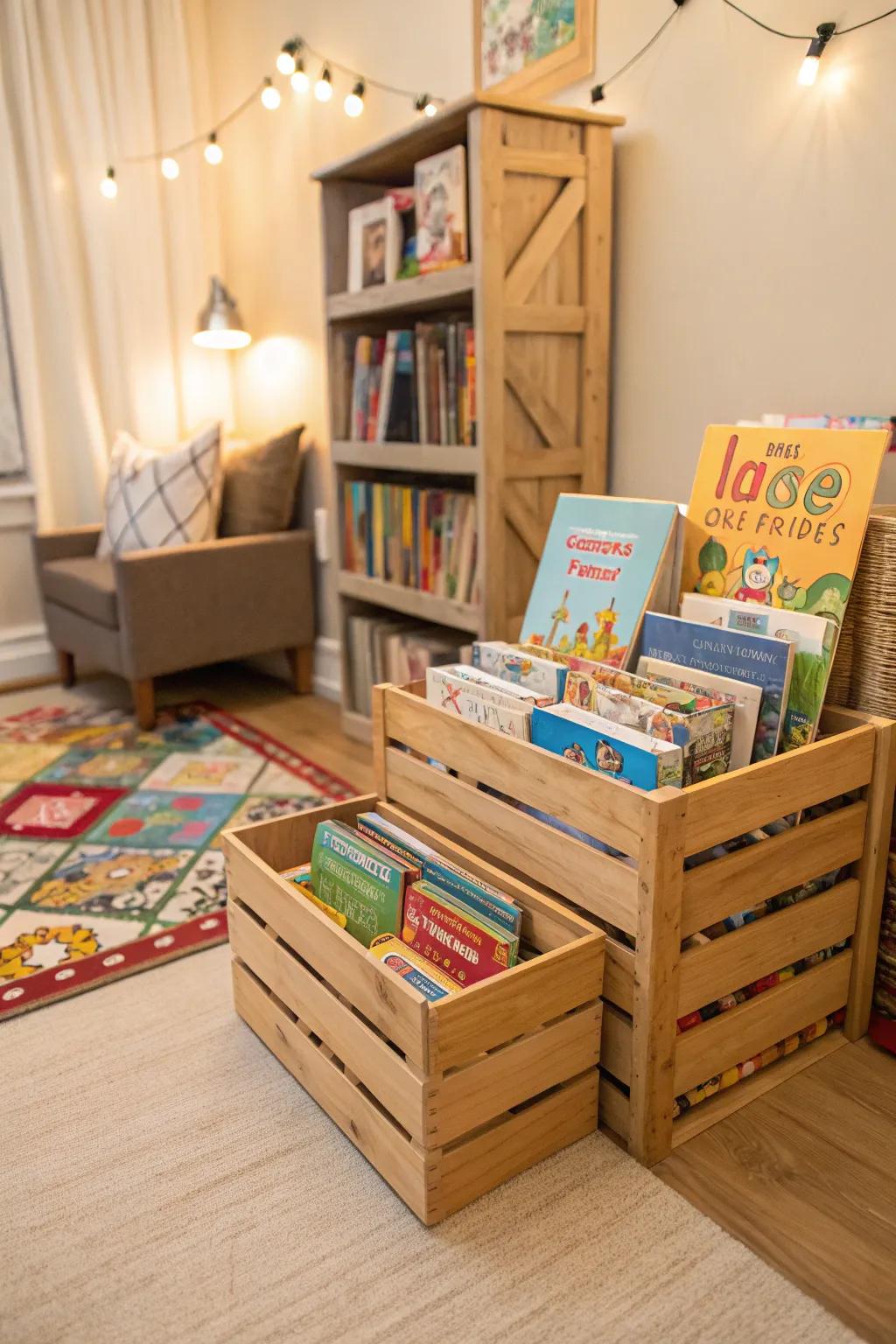 Customizable storage is available with stackable crates.