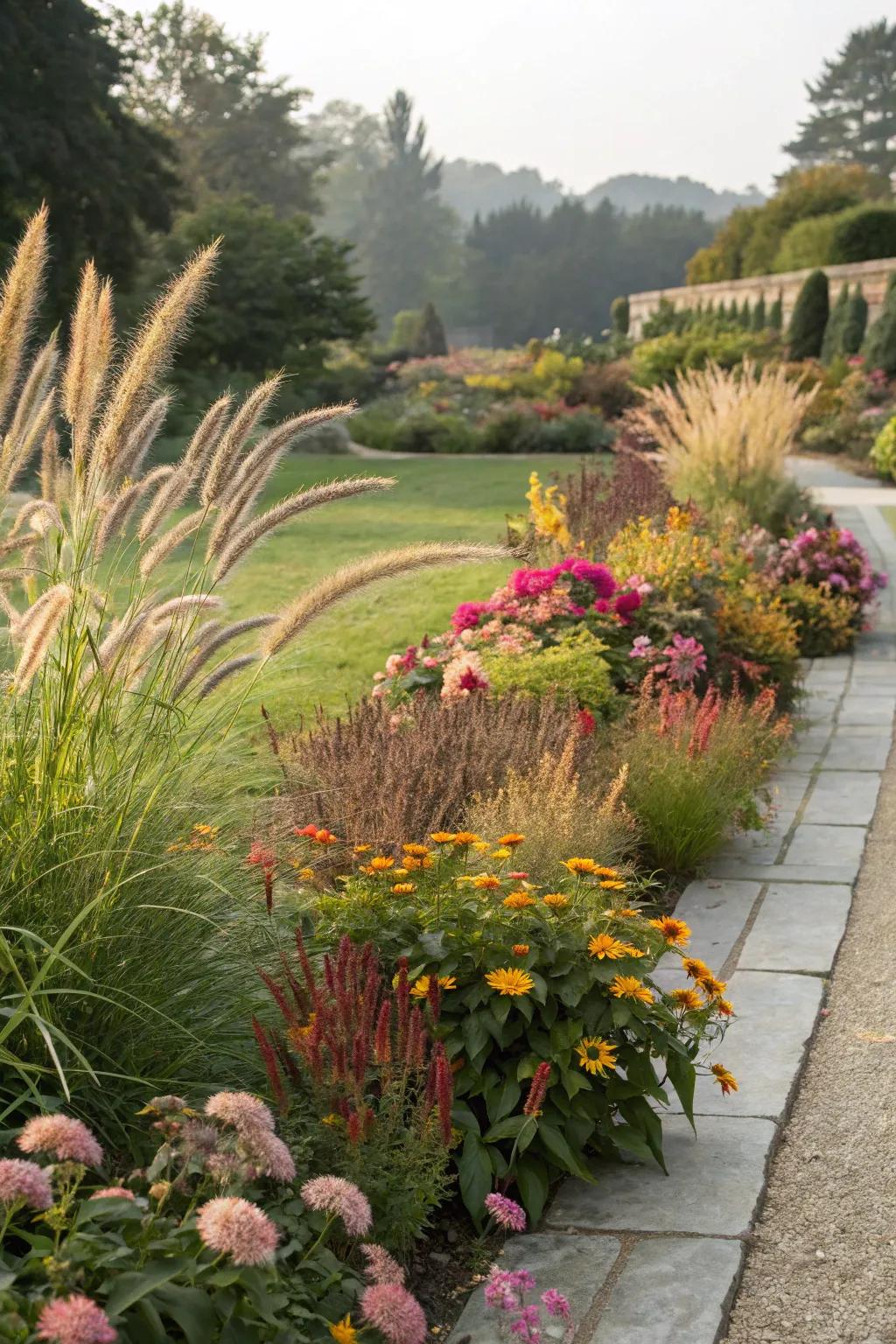 The pairing of ornamental grasses and flowering plants creates vibrant contrasts.