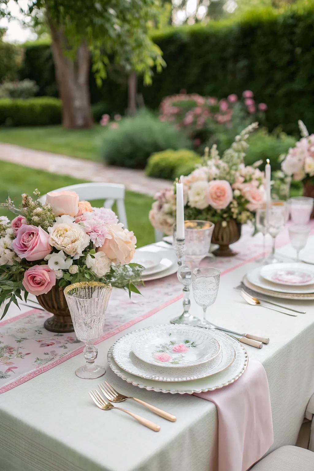 Refined place settings and pastel tones fashion a sophisticated setting.