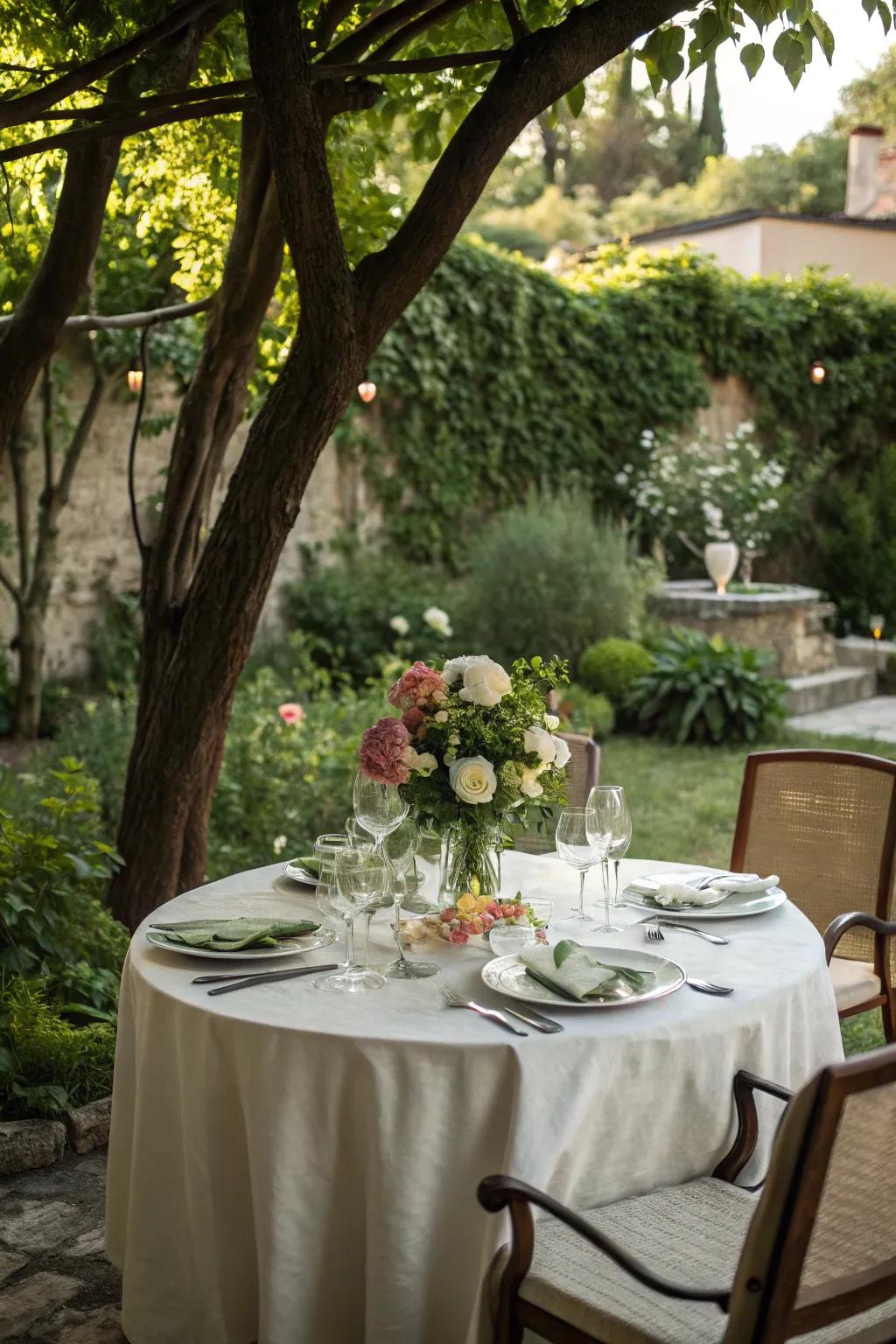 A secluded dining destination nestled within a lush garden setting.