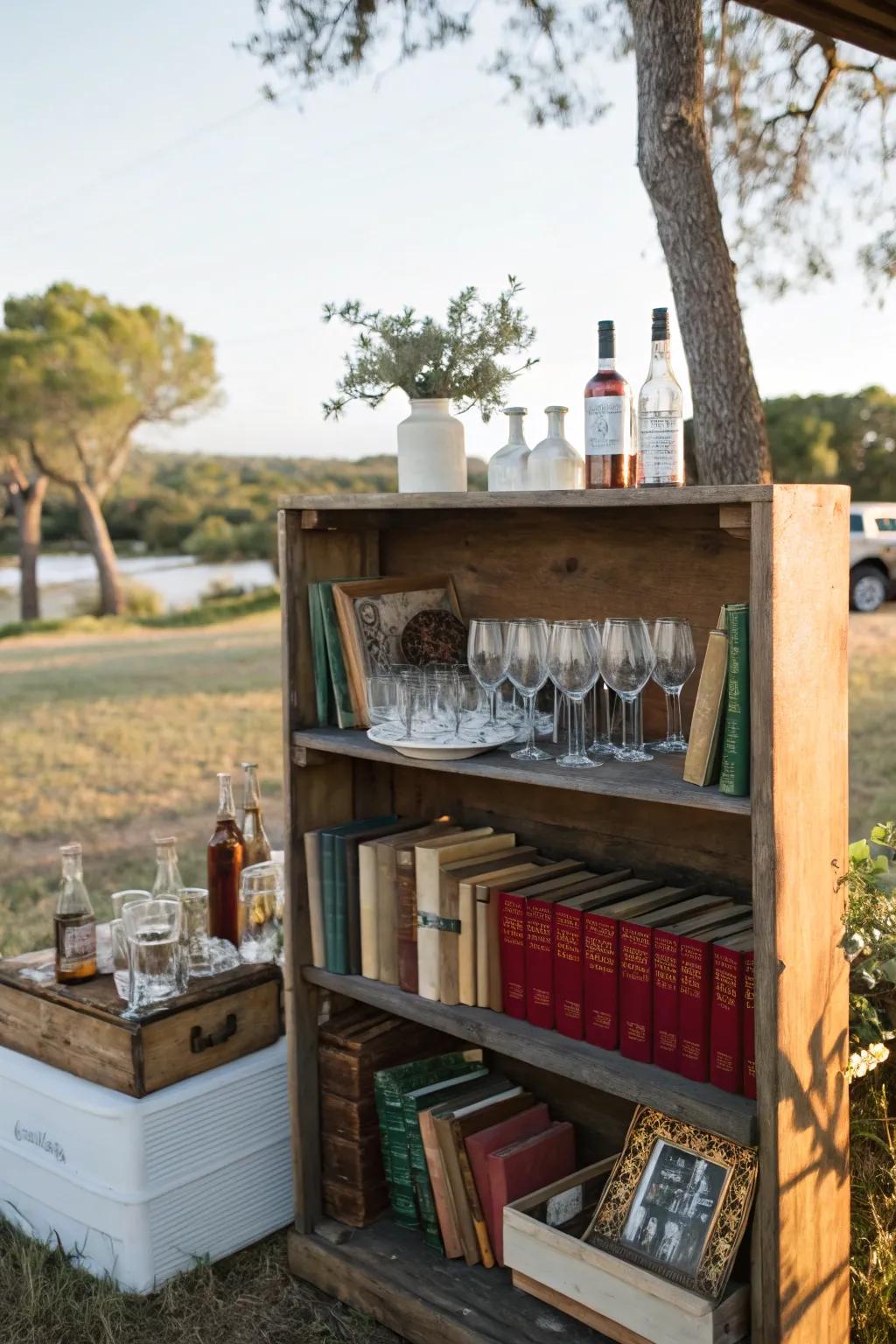 A repurposed bookrack makes a practical and trendy drink station.