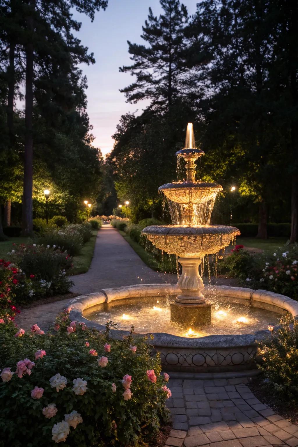 A fountain beautifully illuminated with atmospheric lighting.