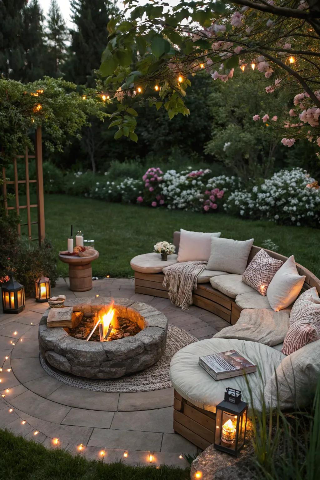 A fire pit creates a warm gathering spot in the garden.