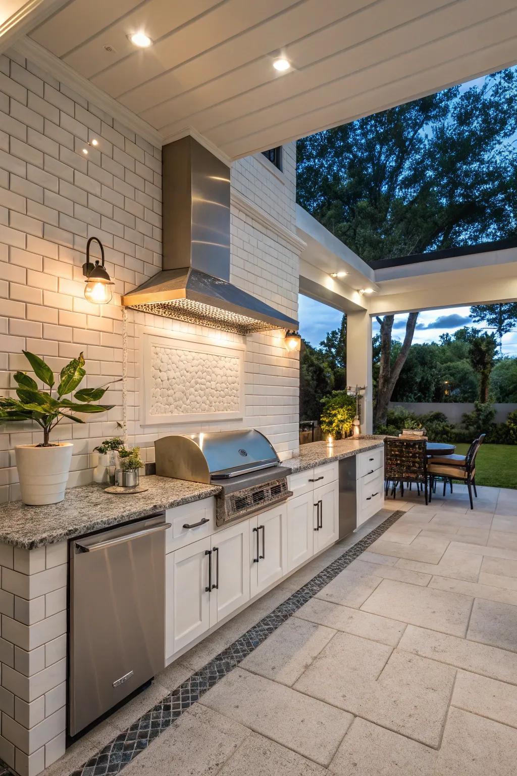 Subway tiles deliver a timeless and easily maintained style for outdoor cooking spaces.