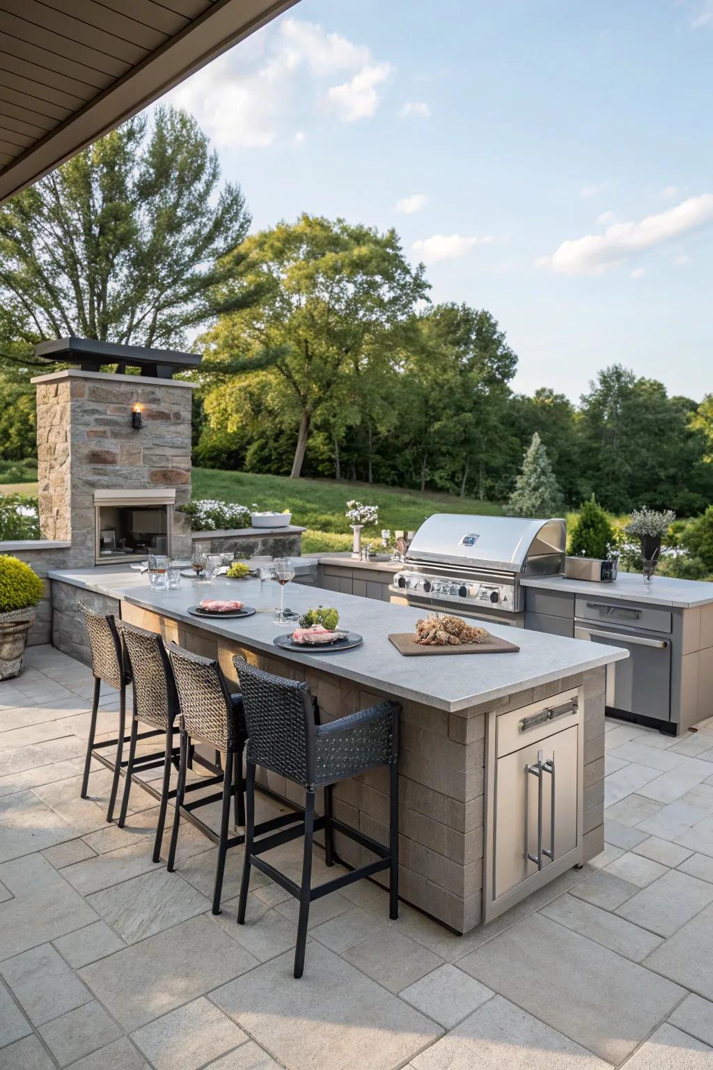 A versatile two-tier outdoor cooking island offering dedicated prep and dining areas.