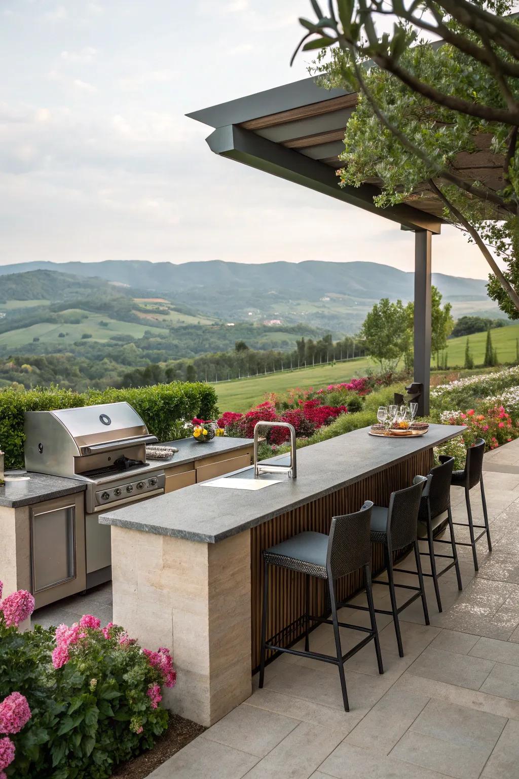 An outdoor kitchen counter with picturesque views of a garden and hills.