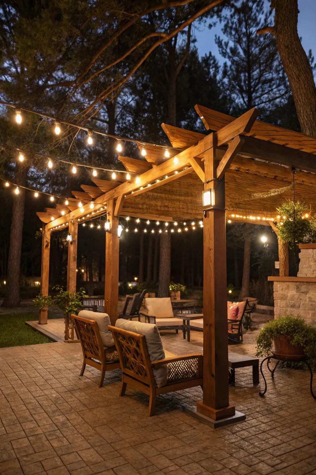 String lighting creates a warm and intimate ambiance in your outdoor man cave.
