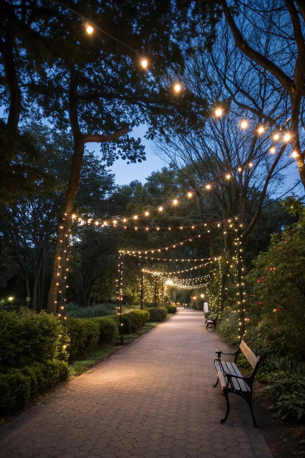 Fairy lights craft a whimsical and enchanting setting in the park.
