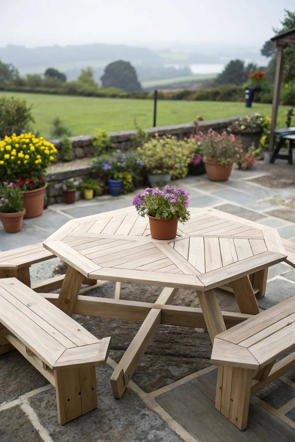 Hexagonal tables create intimate and inviting dining spaces.