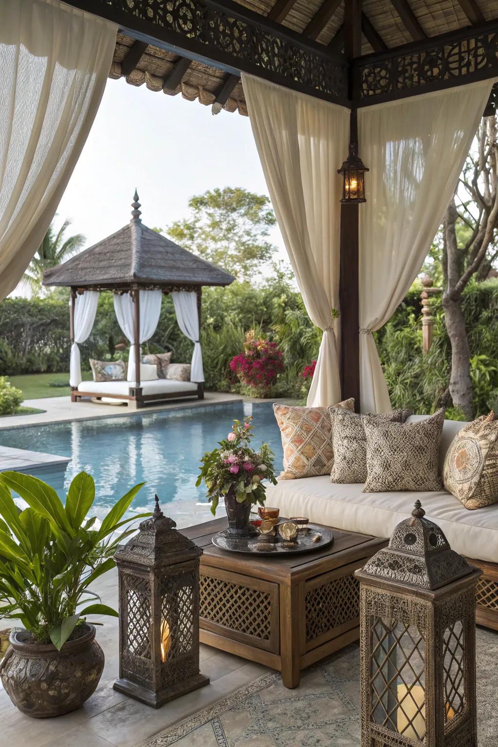 A stylish pavilion offers shelter and a peaceful place to unwind.