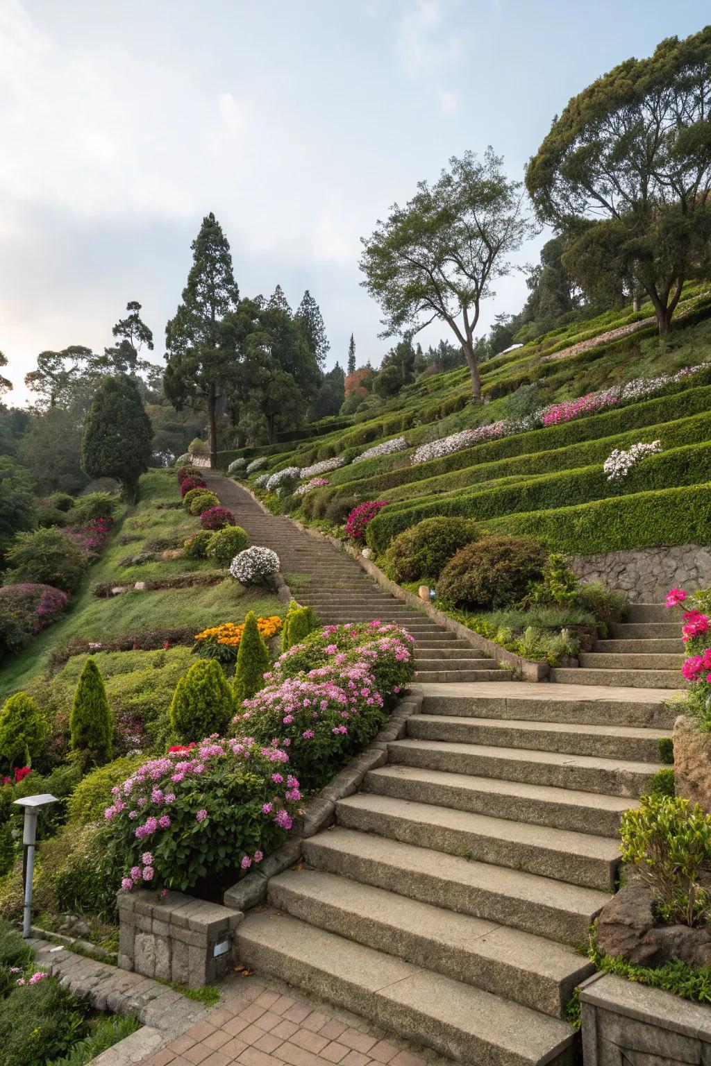Terraced landscapes invite exploration, with steps connecting diverse garden tiers.