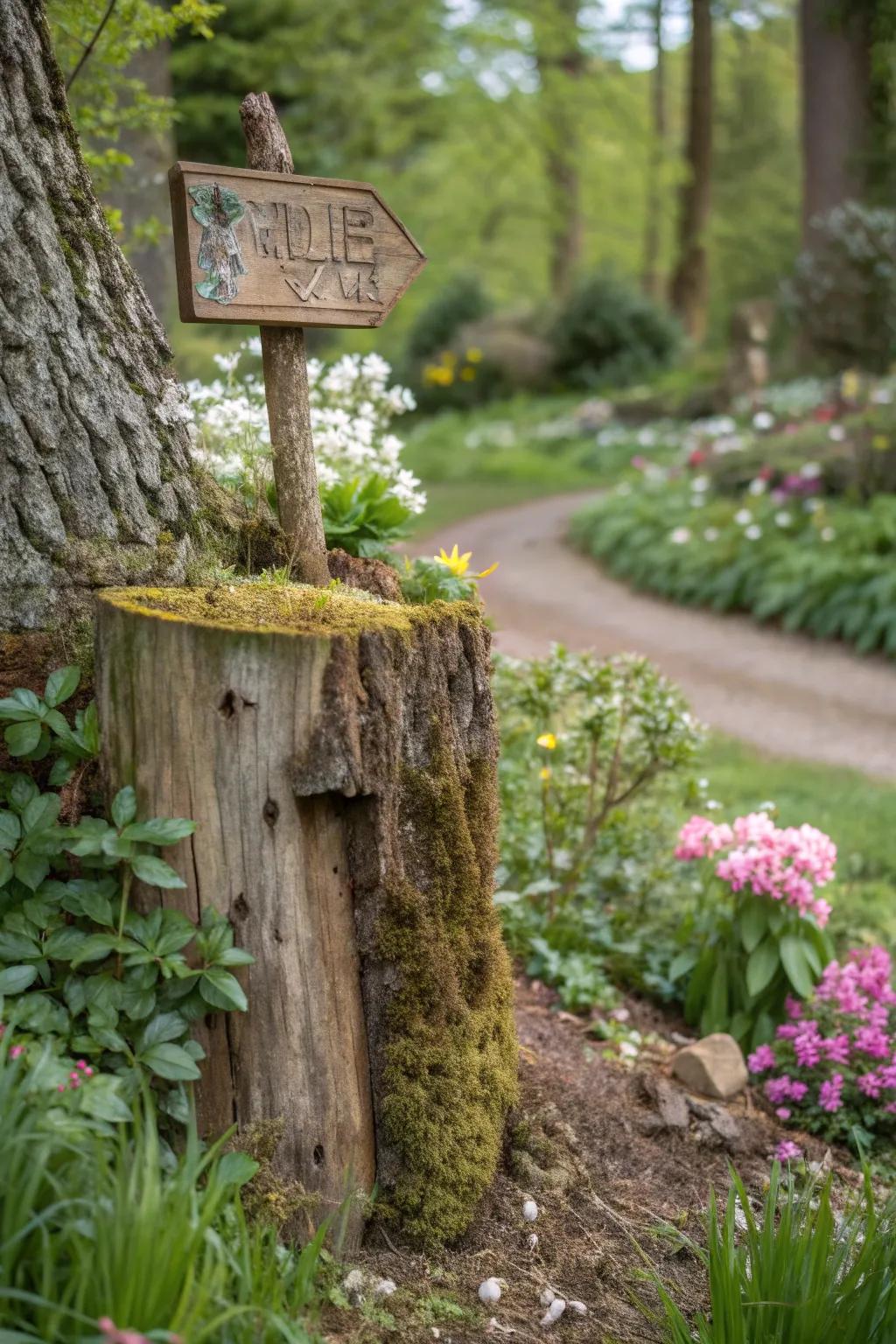A charming signpost on a stump welcomes guests to explore the garden.