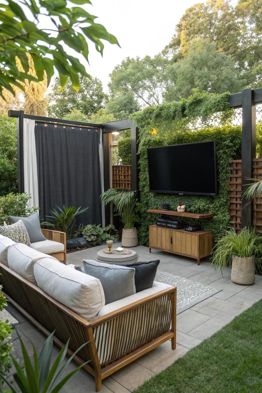Privacy panels enhance seclusion and atmosphere in your outdoor TV space.