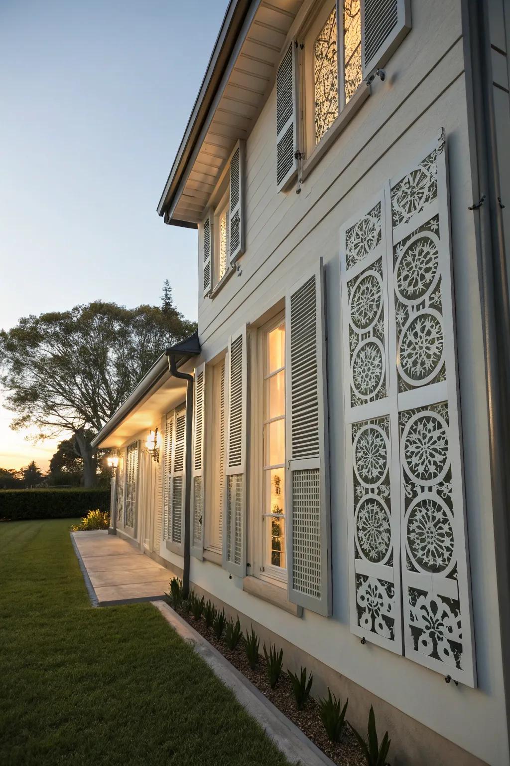 Home featuring awnings with artistic shape designs.