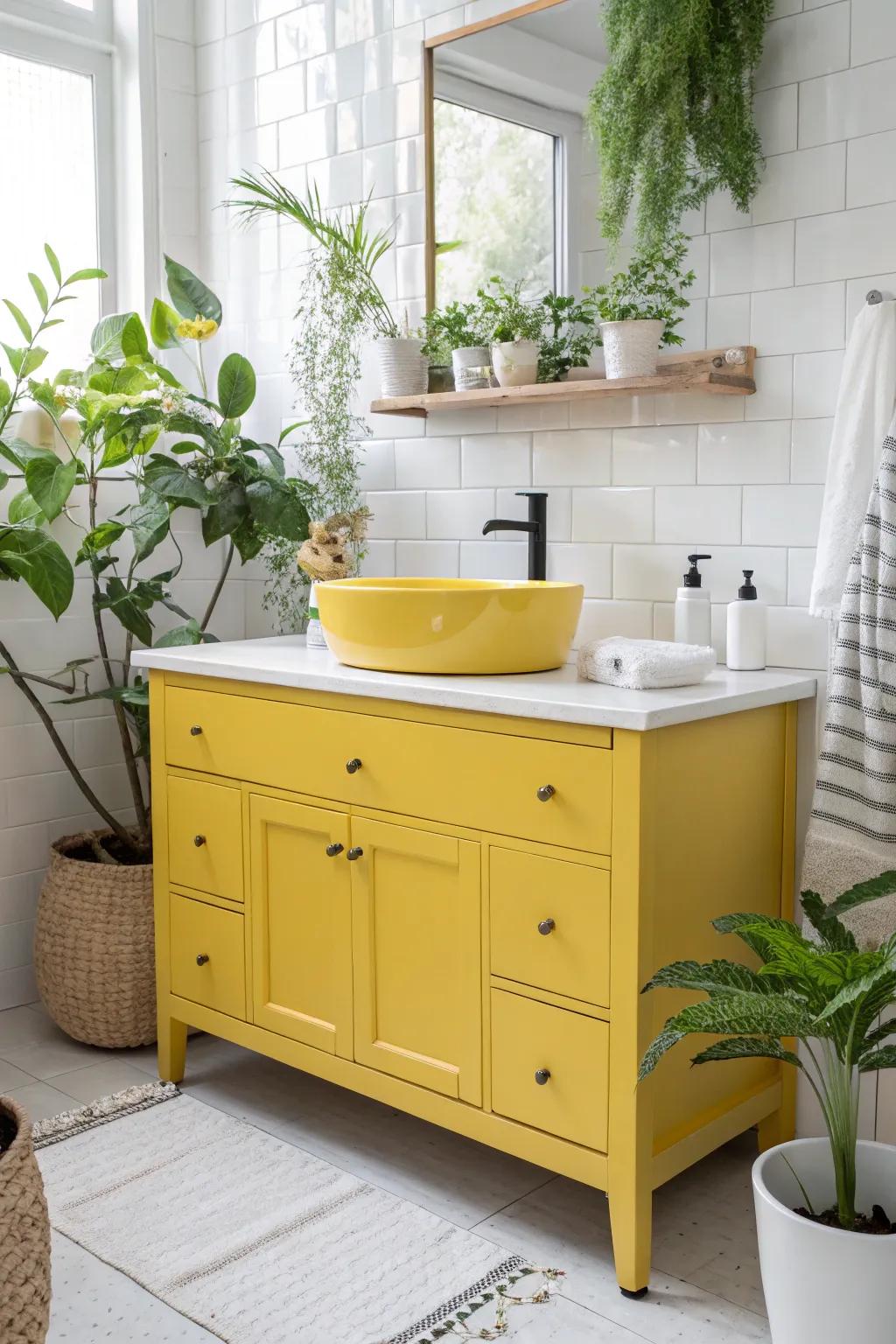 Yellow vanities create a cheerful, radiant ambiance.