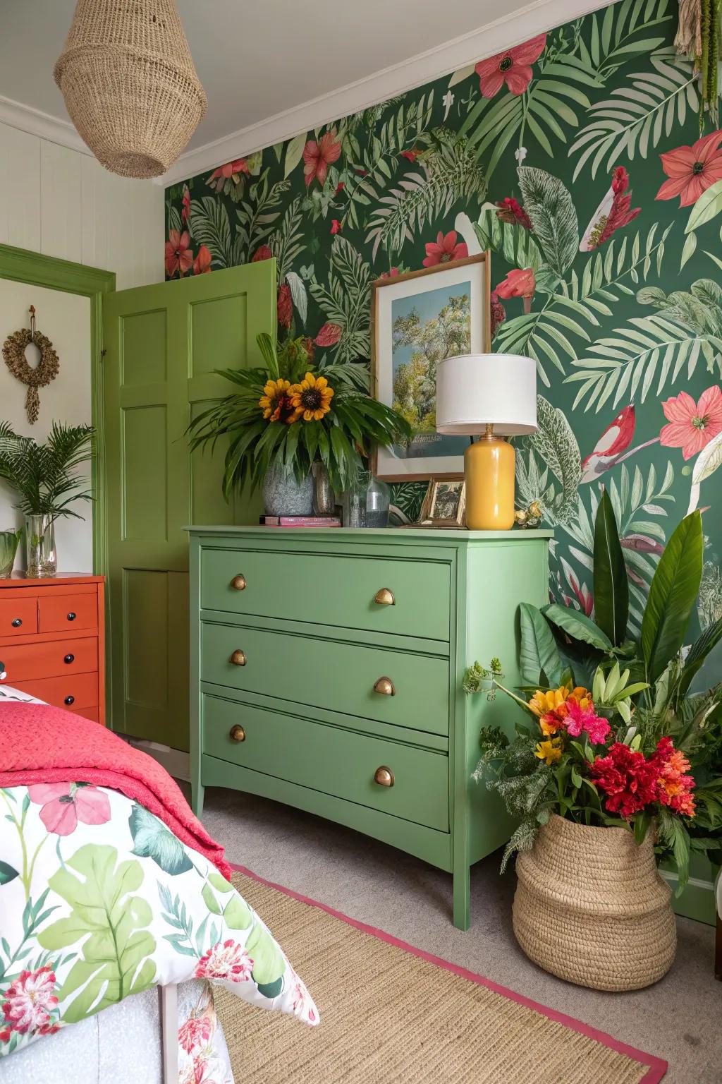 Add exotic charm with a green dresser.