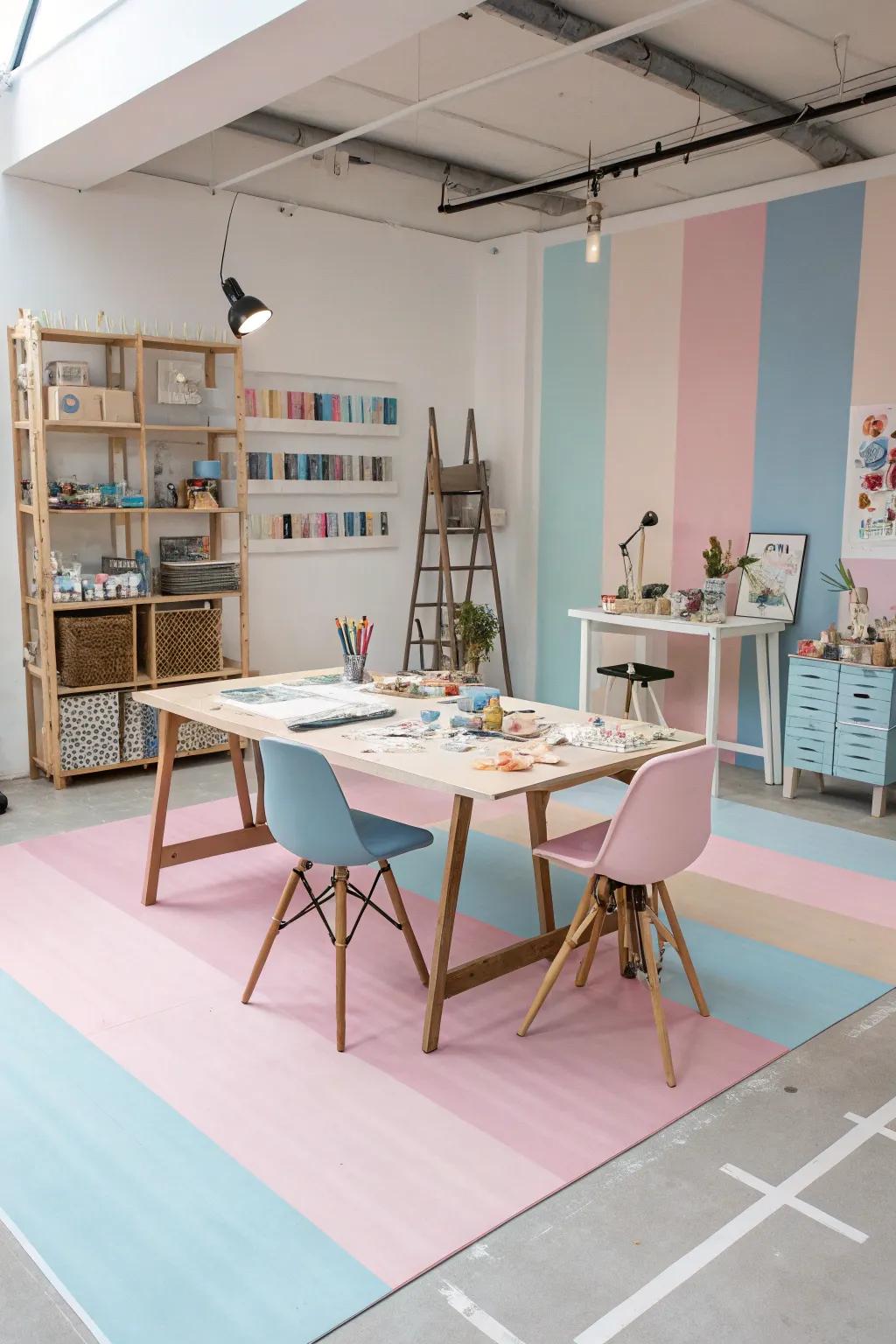 A creative studio space with pastel-painted floorings, providing a calming and inspiring environment.