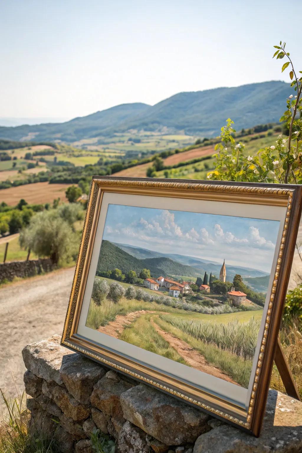 A framed landscape painting channeling the serene countryside indoors.