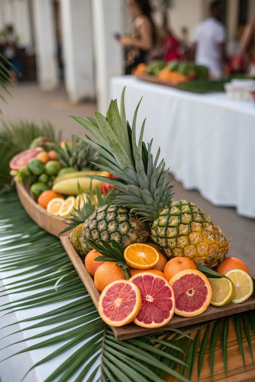 Fruits add a playful and fresh element to palm centerpieces.