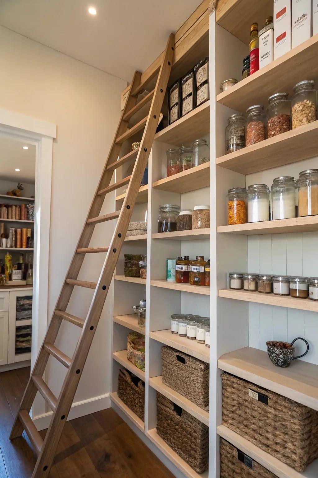 A pantry with a sliding ladder providing access to tall shelves.