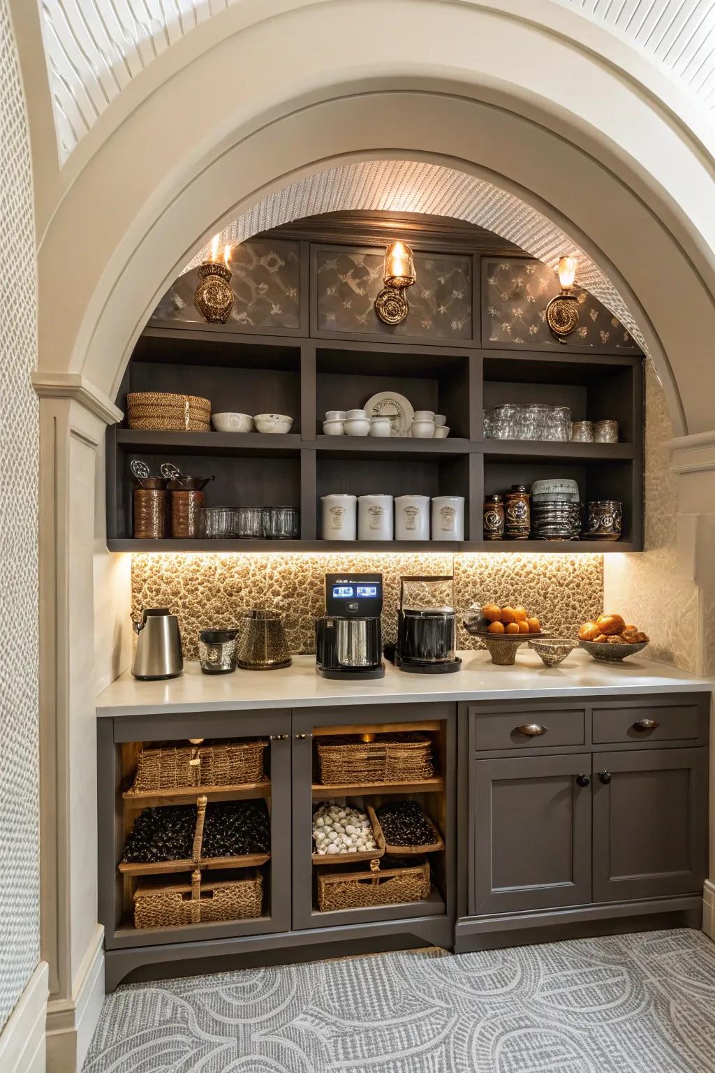 An arched design offers unexpected sophistication to a coffee nook.