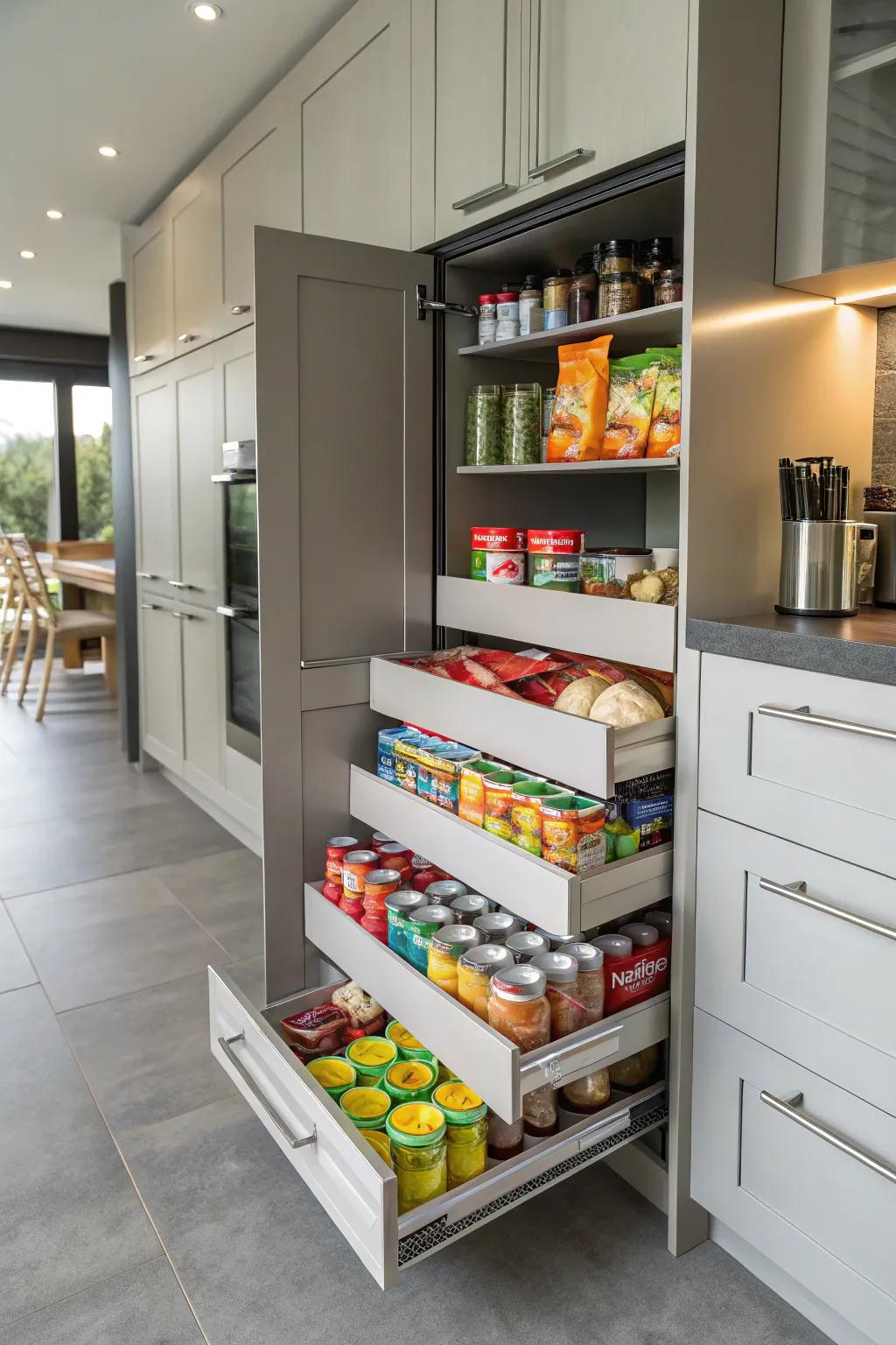 Slide-out shelves provide easy access and organization.