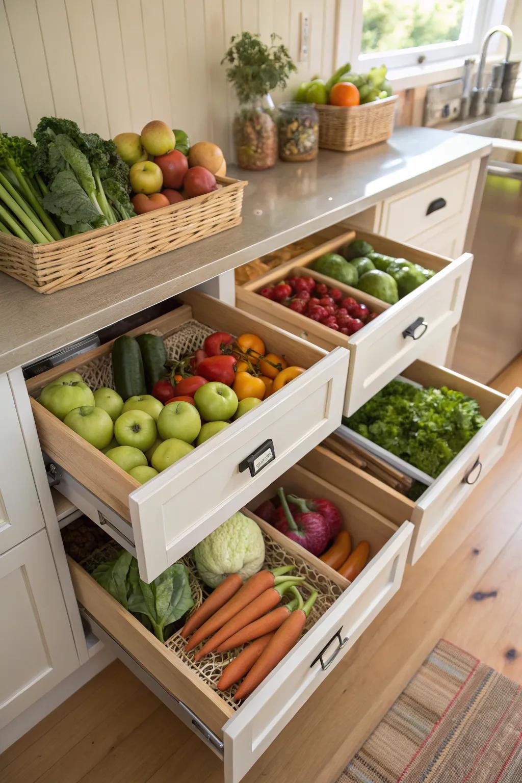Under-shelf drawers in a pantry add extra storage and help keep produce fresh.