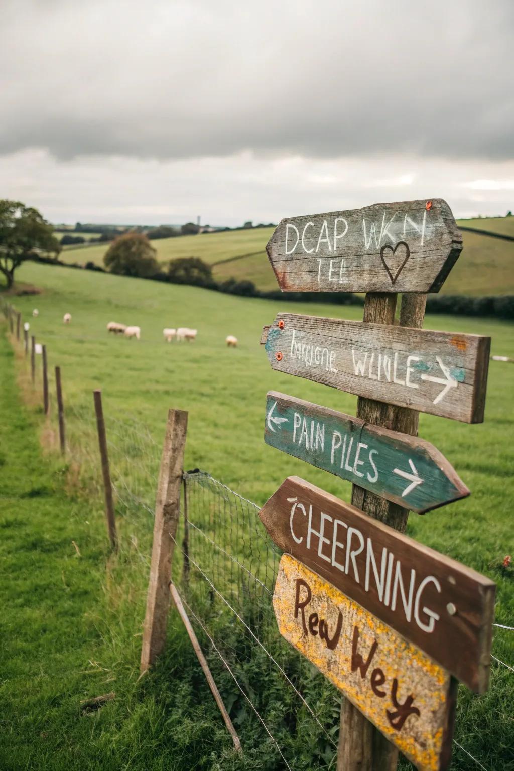 Country timber signboards directing guests across the venue.
